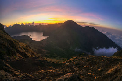 Scenic view of mountains during sunset