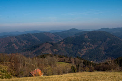 Scenic view of field and mountains against sky