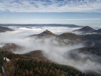 Scenic view of mountains against cloudy sky