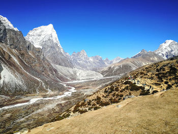 Scenic view of snowcapped mountains against clear blue sky