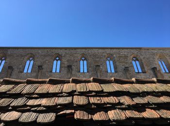 Low angle view of roof against clear blue sky