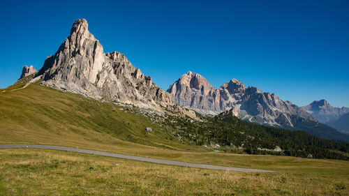 Scenic view of mountains against clear blue sky