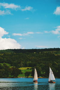 Sailboat sailing on sea against sky