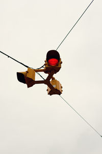Low angle view of man holding rope against clear sky
