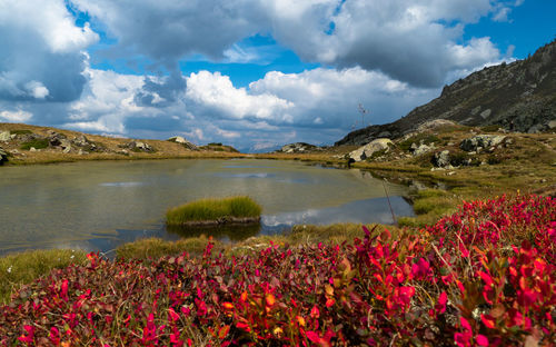 Scenic view of lake against cloudy sky