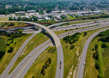 High angle view of road and cityscape