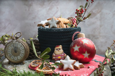 Close-up of christmas decorations on table