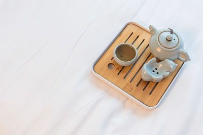 High angle view of coffee cup on table