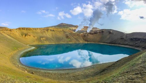 High angle view of lake amidst mountains against sky