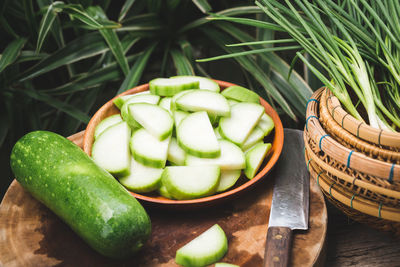 Close-up of chopped vegetables on cutting board