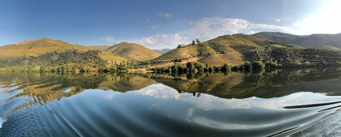Scenic view of lake and mountains against sky