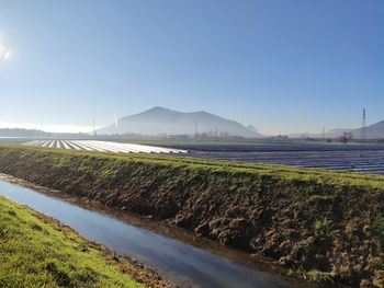 Scenic view of river by field against sky