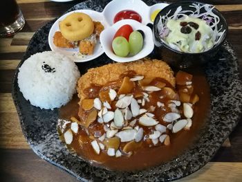 Close-up of dessert served on table