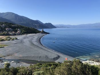High angle view of bay against clear blue sky