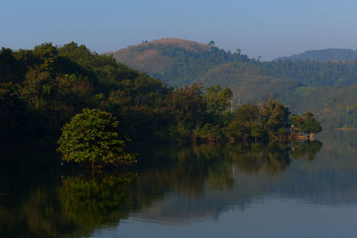 Scenic view of lake by trees against sky