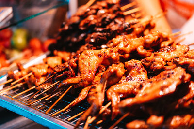 Close-up of meat on barbecue grill