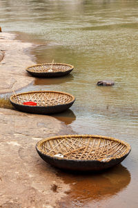 High angle view of bread in basket on table