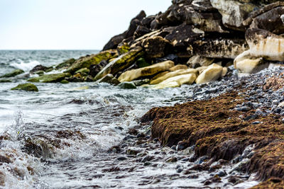 Close-up of rocks on beach against sky