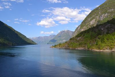 Scenic view of lake and mountains against sky