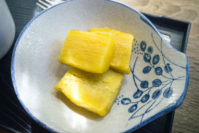 High angle view of dessert in plate on table