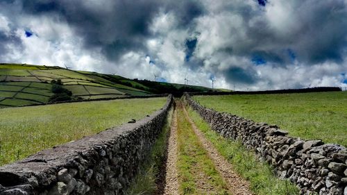 Scenic view of field against cloudy sky