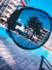 Reflection of trees in swimming pool against buildings in city