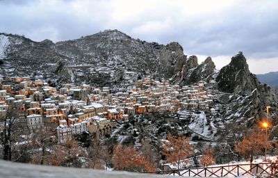 Aerial view of buildings and mountains against sky during winter