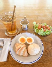 High angle view of breakfast served on table