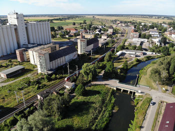 High angle view of road amidst buildings in city