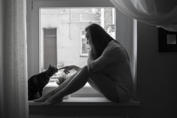 Side view of woman touching cat while sitting on window sill