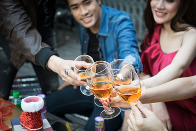 Friends toasting drinks during party