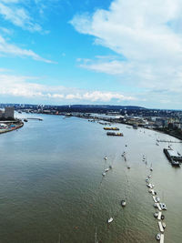 High angle view of boats in city