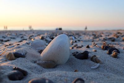 Close-up of pebbles on beach against sky during sunset