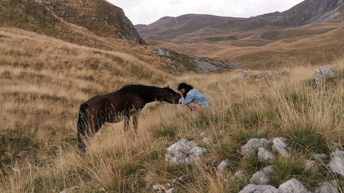 Young woman stroking horse on land