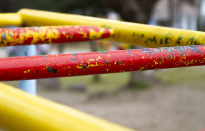 Close-up of wet metal railing during rainy season