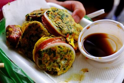 Close-up of breakfast served on table