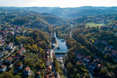 Dan on river gradac in valjevo - panorama of valjevo city in serbia. aerial drone view 