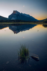 Cold autumn sunrise at vermillion lakes, banff, canada