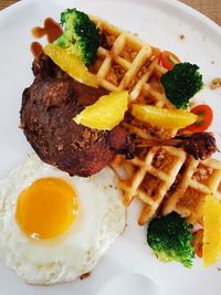 High angle view of breakfast served in plate