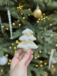 Cropped hand of woman holding christmas tree