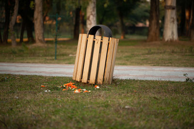 Garbage recycle bin on the sidewalk in park