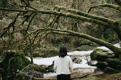 Rear view of woman standing in forest