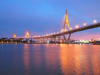 Illuminated bridge over river with city in background