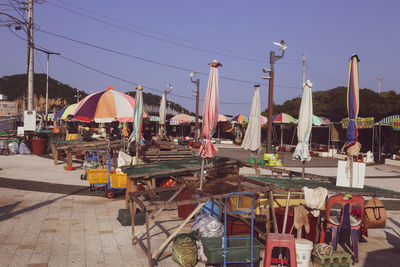 Panoramic view of commercial dock against clear sky