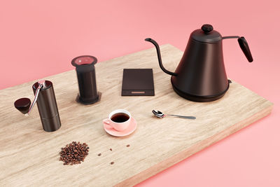 High angle view of coffee cups on table