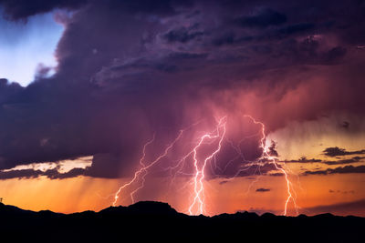 Lightning over silhouette mountains against dramatic sky