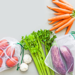 High angle view of chopped vegetables against white background