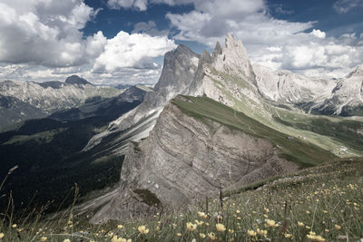 Scenic view of geislerspitzen odles group mountains with buttercups in the foreground against sky