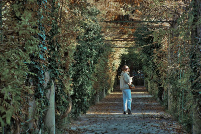 Woman standing on footpath amidst plants in forest