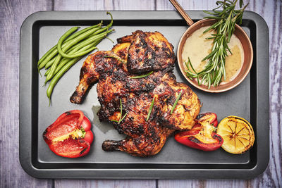 High angle view of vegetables on barbecue grill